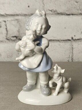 Vintage Goebel Hummel Style Girl With Cat Dog Porcelain Figurine